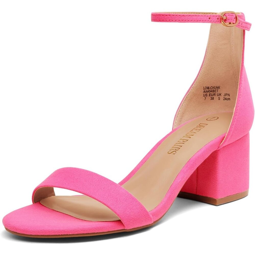 Womens Pink Low-Chunk Low Heel Pump Sandal Buckle at ankle closure